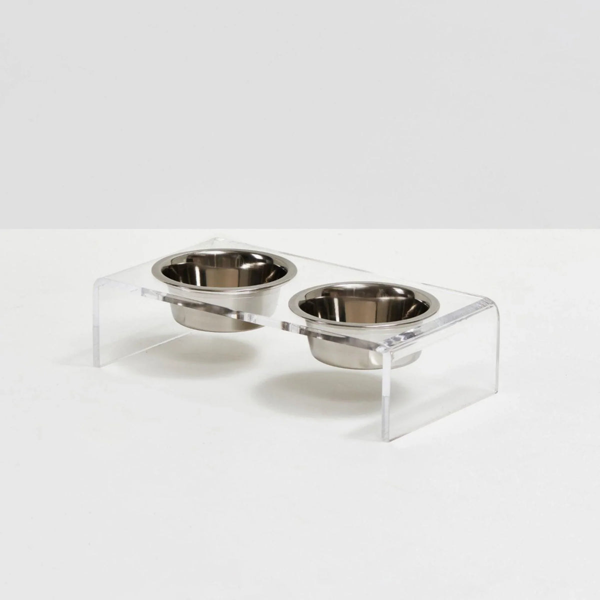 Large Clear Double Dog Bowl Feeder with Silver Bowls - 1 Quart