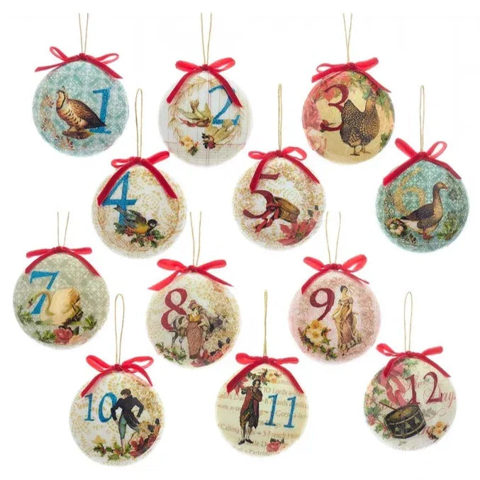 12 Days Of Christmas Decoupage Ball Ornaments, 12-Piece Box Set - Christmas Decor - The Well Appointed House