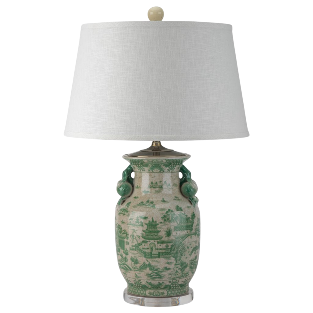 Porcelain Vase Lamp With Green Village Scene - The Well Appointed House