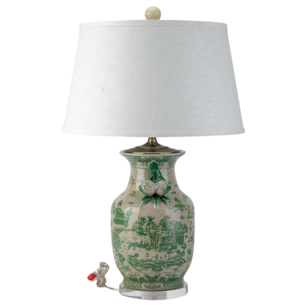 Porcelain Vase Lamp With Green Village Scene - The Well Appointed House