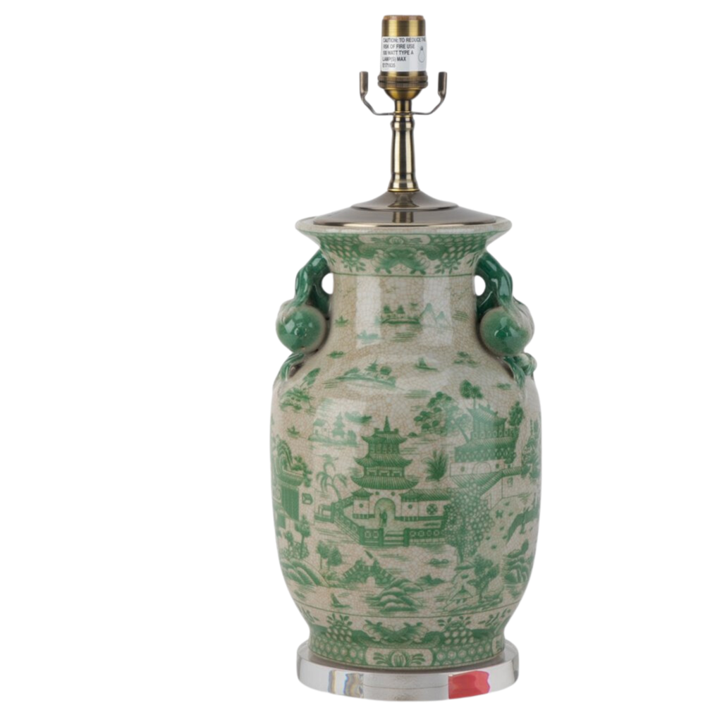 Porcelain Vase Lamp With Green Village Scene - The Well Appointed House