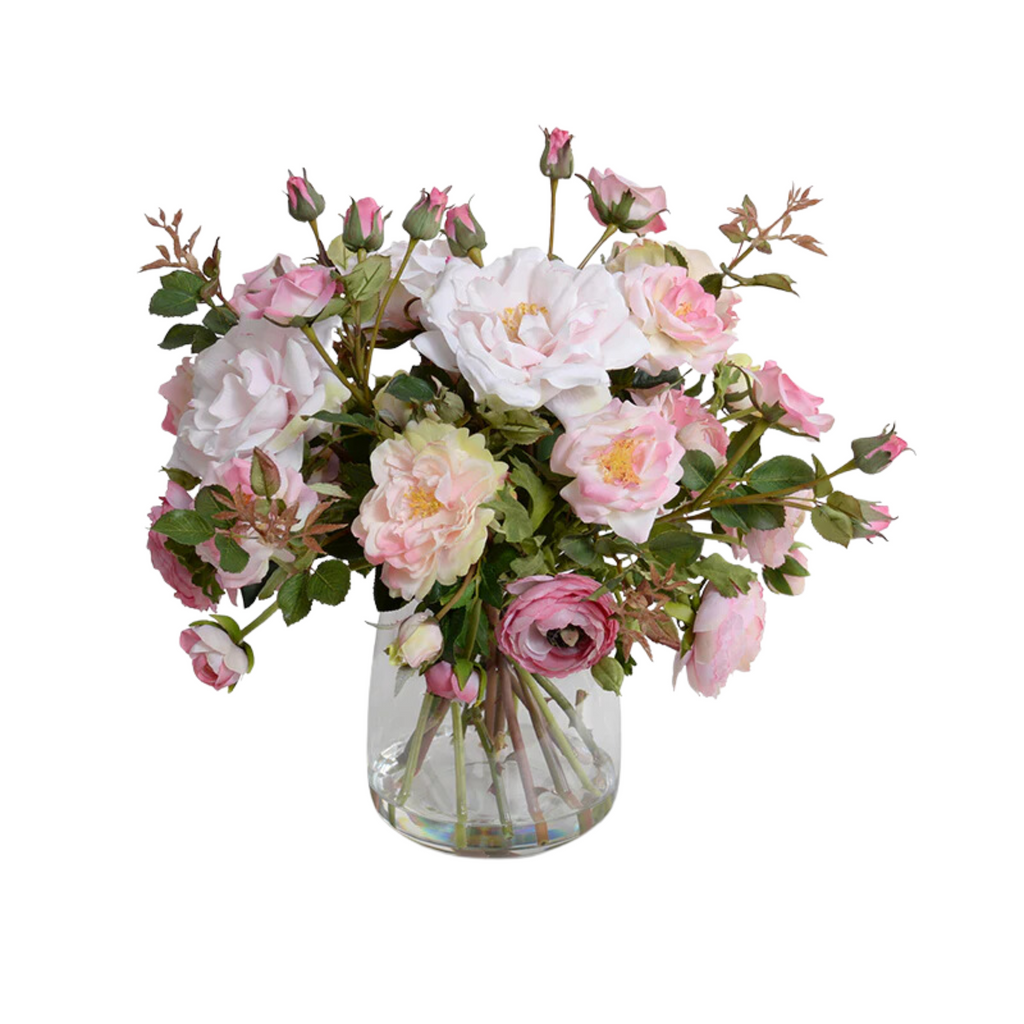 15" Faux Ranunculus & Rose Arrangement in Glass - The Well Appointed House