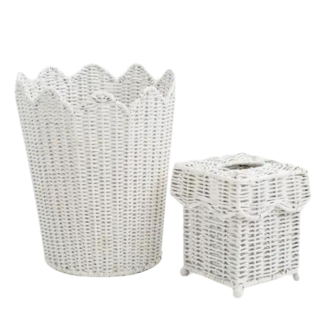 White Wicker Scalloped Waste Paper Basket and Tissue Set -  Well Appointed House