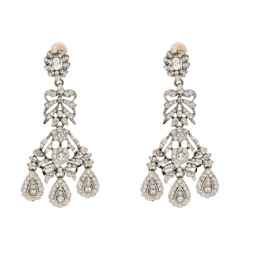 Light Antique Silver & Crystal Drop Clip Earrings - The Well Appointed House