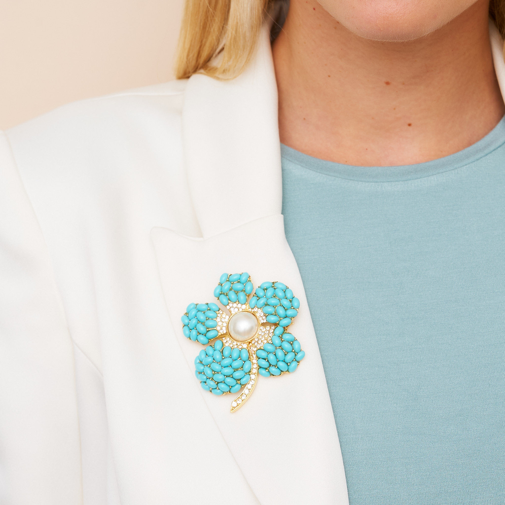 Turquoise & Pearl Flower Pin - The Well Appointed House