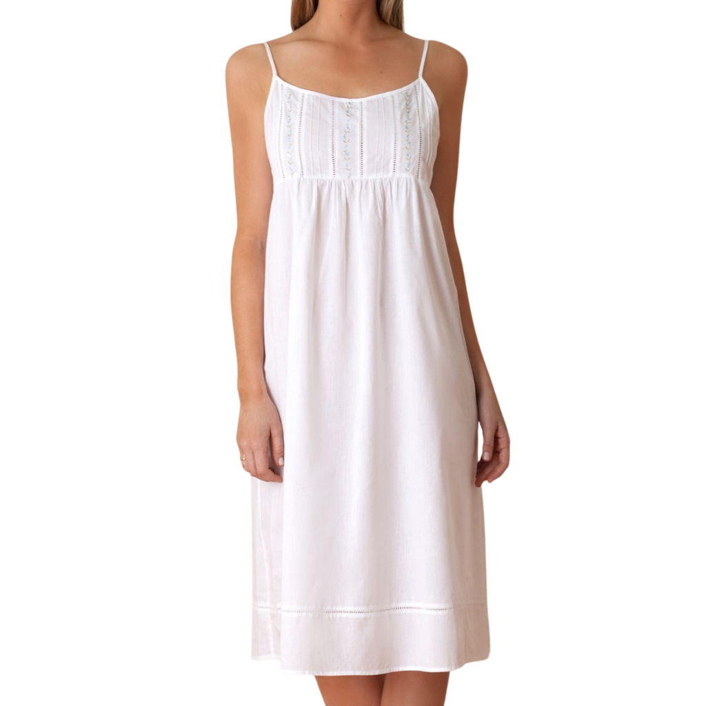 Elaine White Cotton Nightgown with Embroidery - The Well Appointed House