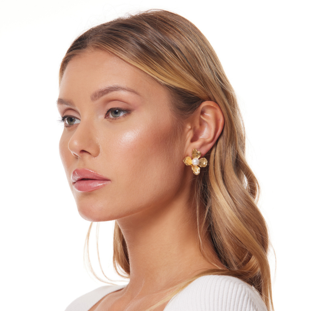 Gold with Pearl Center Flower Earring - The Well Appointed House