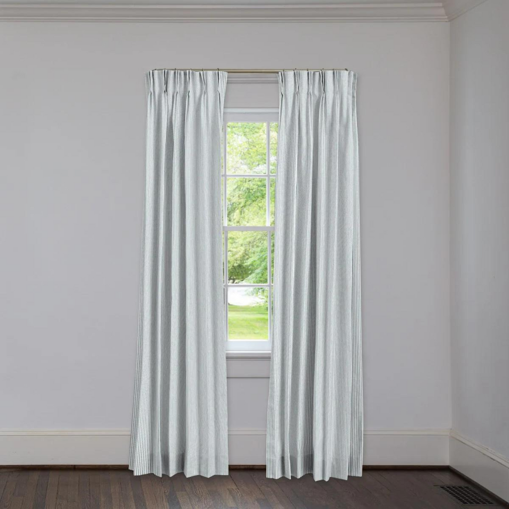 Ticking Stripe Seaglass 3 Finger Pinch Pleat Custom Drapery - The Well Appointed House