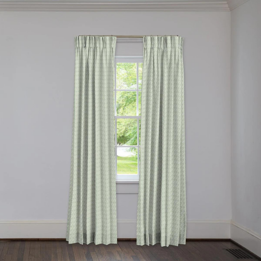 Ikat Fretwork Moss 3 Finger Pinch Pleat Custom Drapery Panel - The Well Appointed House