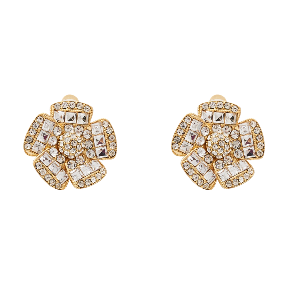 Gold & Rhinestone Flower Clip Earrings - The Well Appointed House