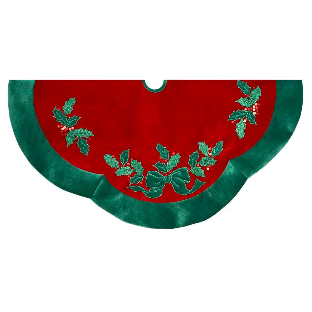 48" Red With Green Leaves Applique Velvet Tree Skirt - Christmas Tree Skirts & Stands - The Well Appointed House