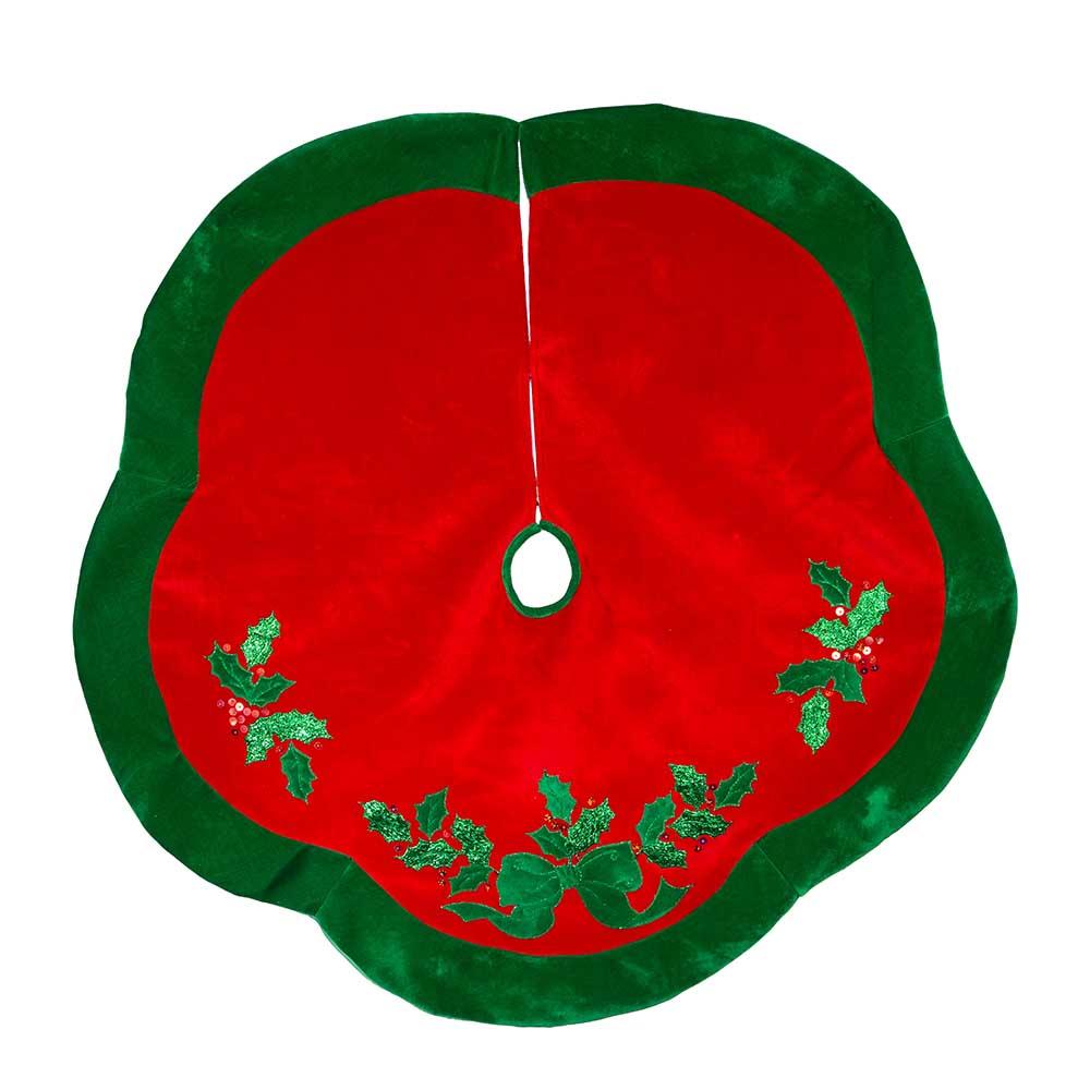 48" Red With Green Leaves Applique Velvet Tree Skirt - Christmas Tree Skirts & Stands - The Well Appointed House