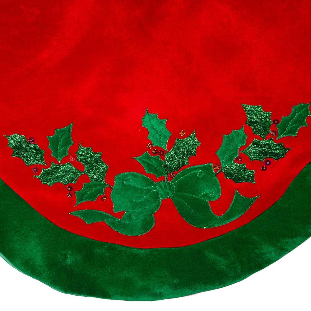 48" Red With Green Leaves Applique Velvet Tree Skirt - Christmas Tree Skirts & Stands - The Well Appointed House