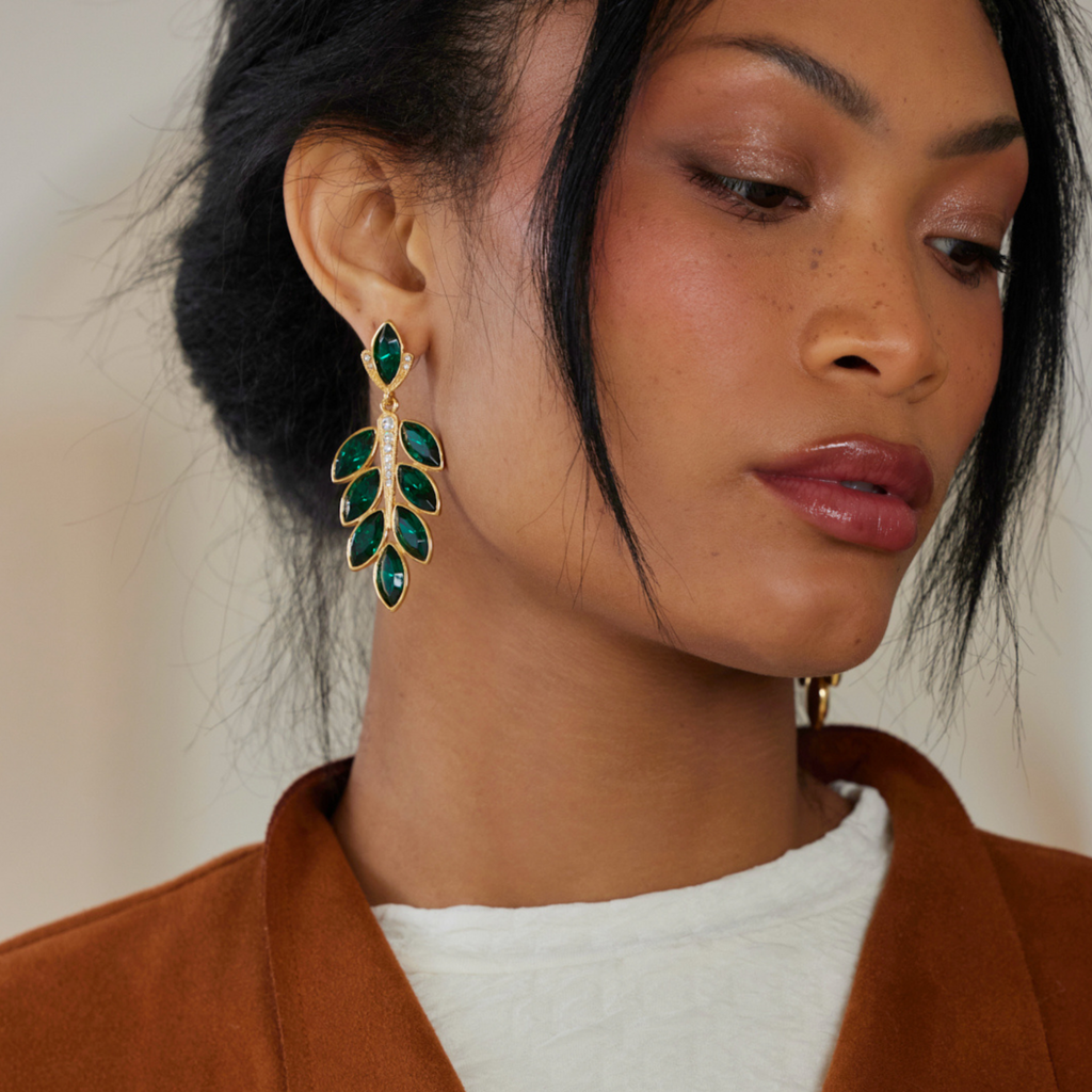 Gold & Emerald Leave Post Drop Earring - The Well Appointed House