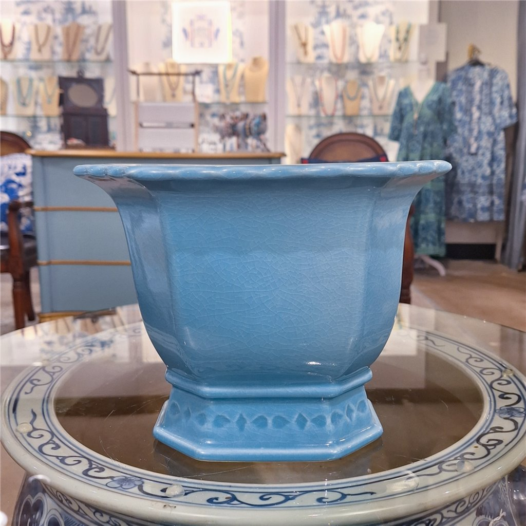 Sky Blue Porcelain Octagonal Footed Planter - The Well Appointed House