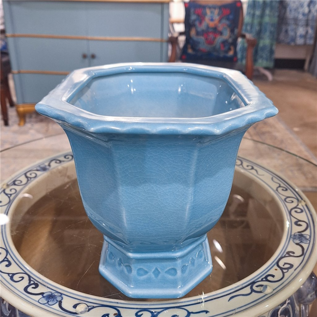 Sky Blue Porcelain Octagonal Footed Planter - The Well Appointed House