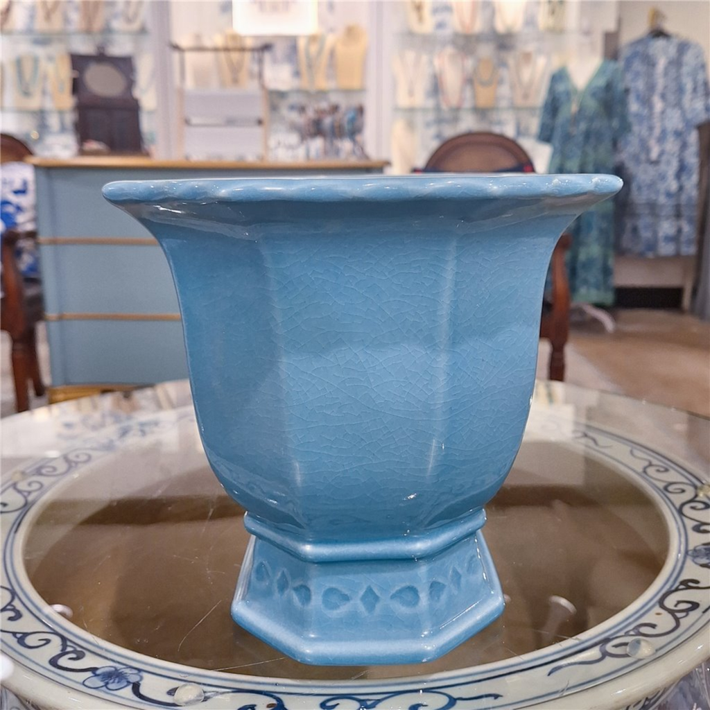 Sky Blue Porcelain Octagonal Footed Planter - The Well Appointed House