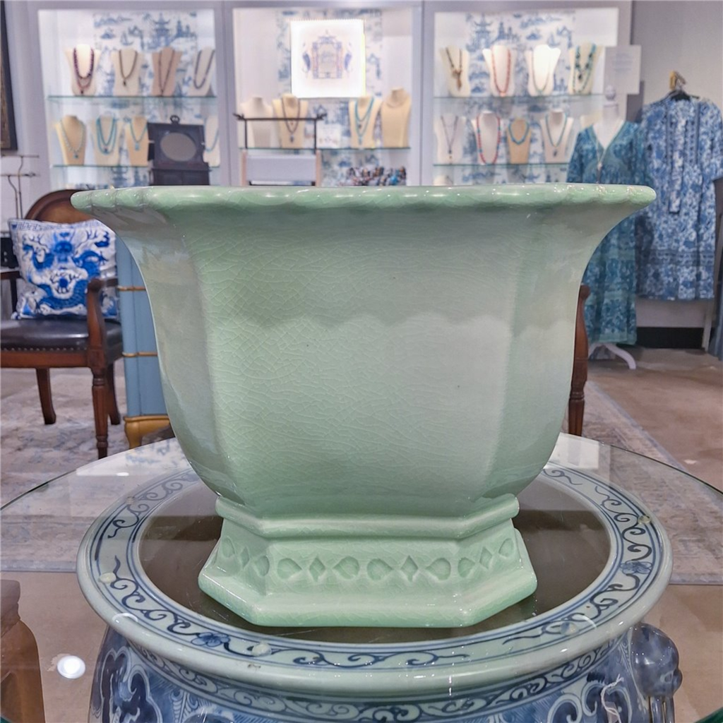 Large Light Green Porcelain Octagonal Footed Planter - The Well Appointed House