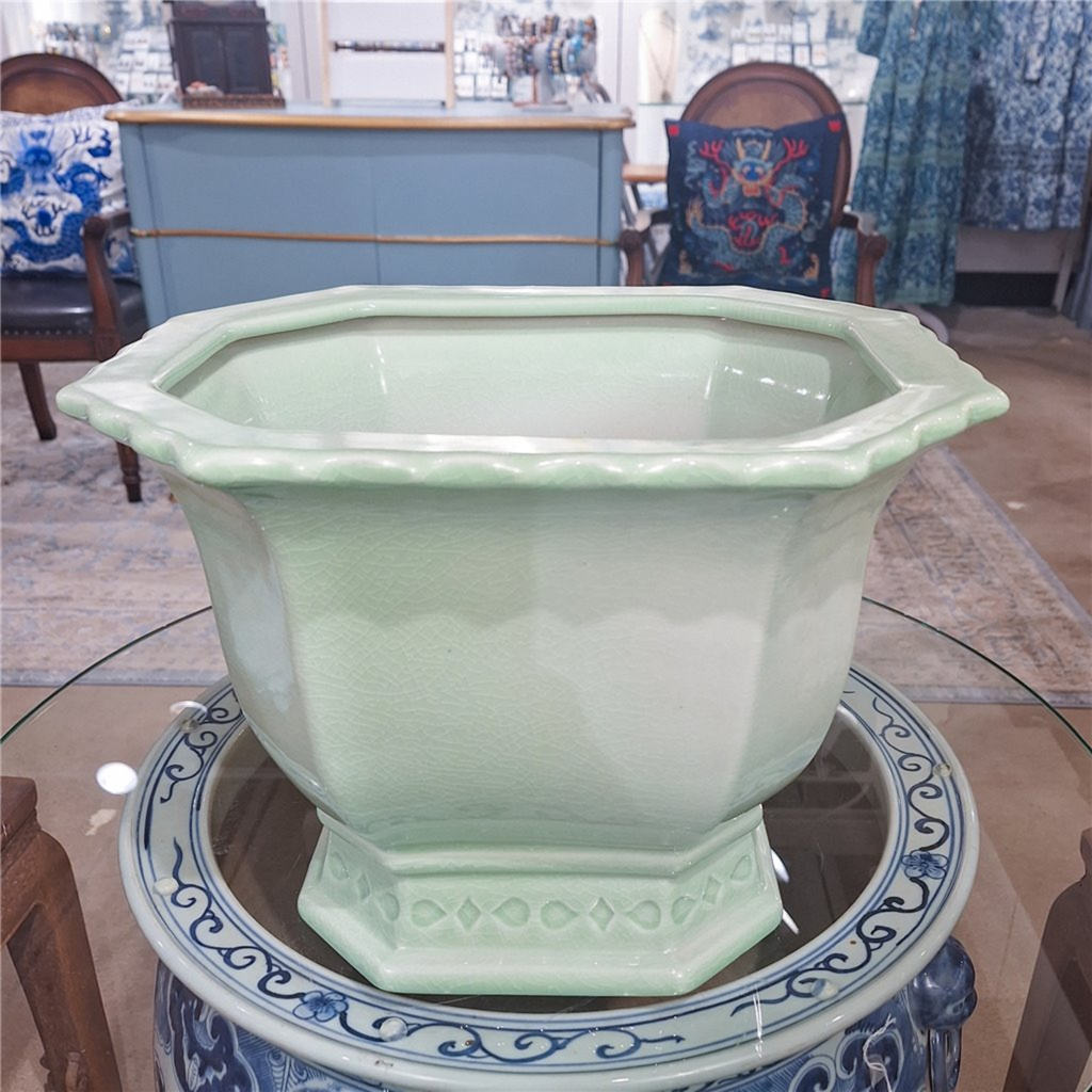 Large Light Green Porcelain Octagonal Footed Planter - The Well Appointed House