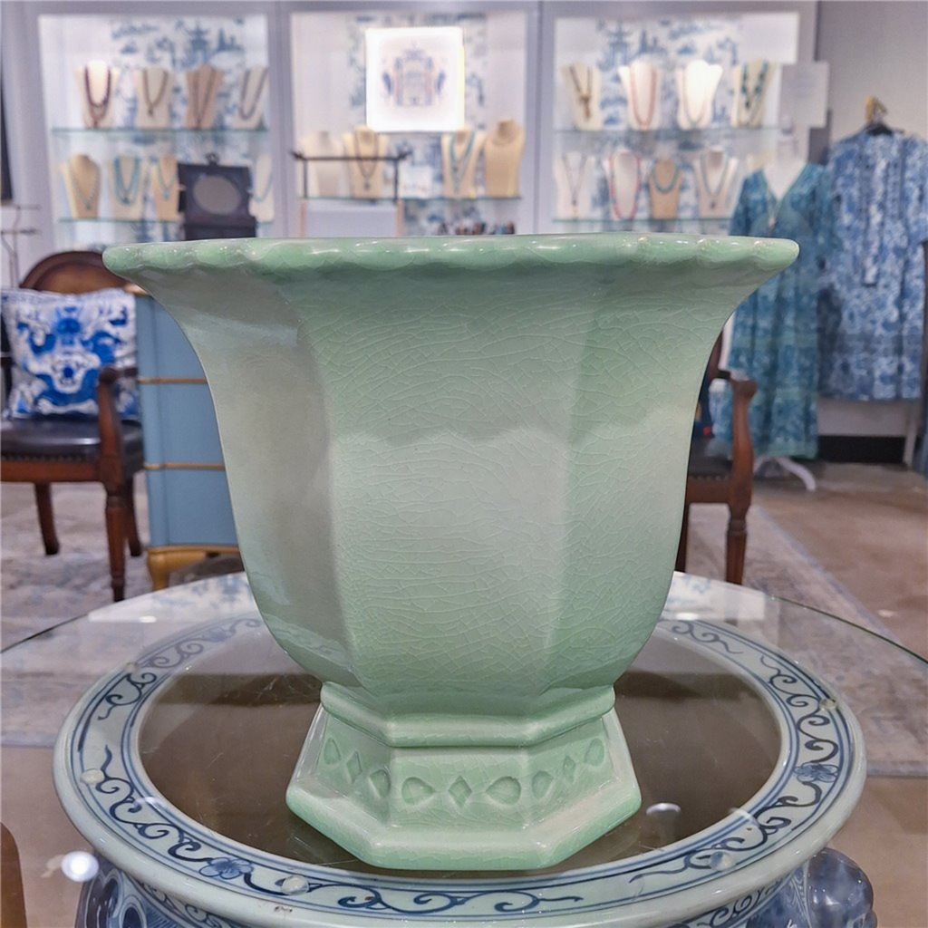 Large Light Green Porcelain Octagonal Footed Planter - The Well Appointed House