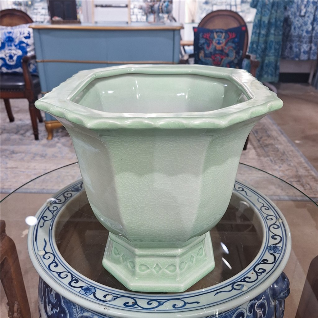 Large Light Green Porcelain Octagonal Footed Planter - The Well Appointed House