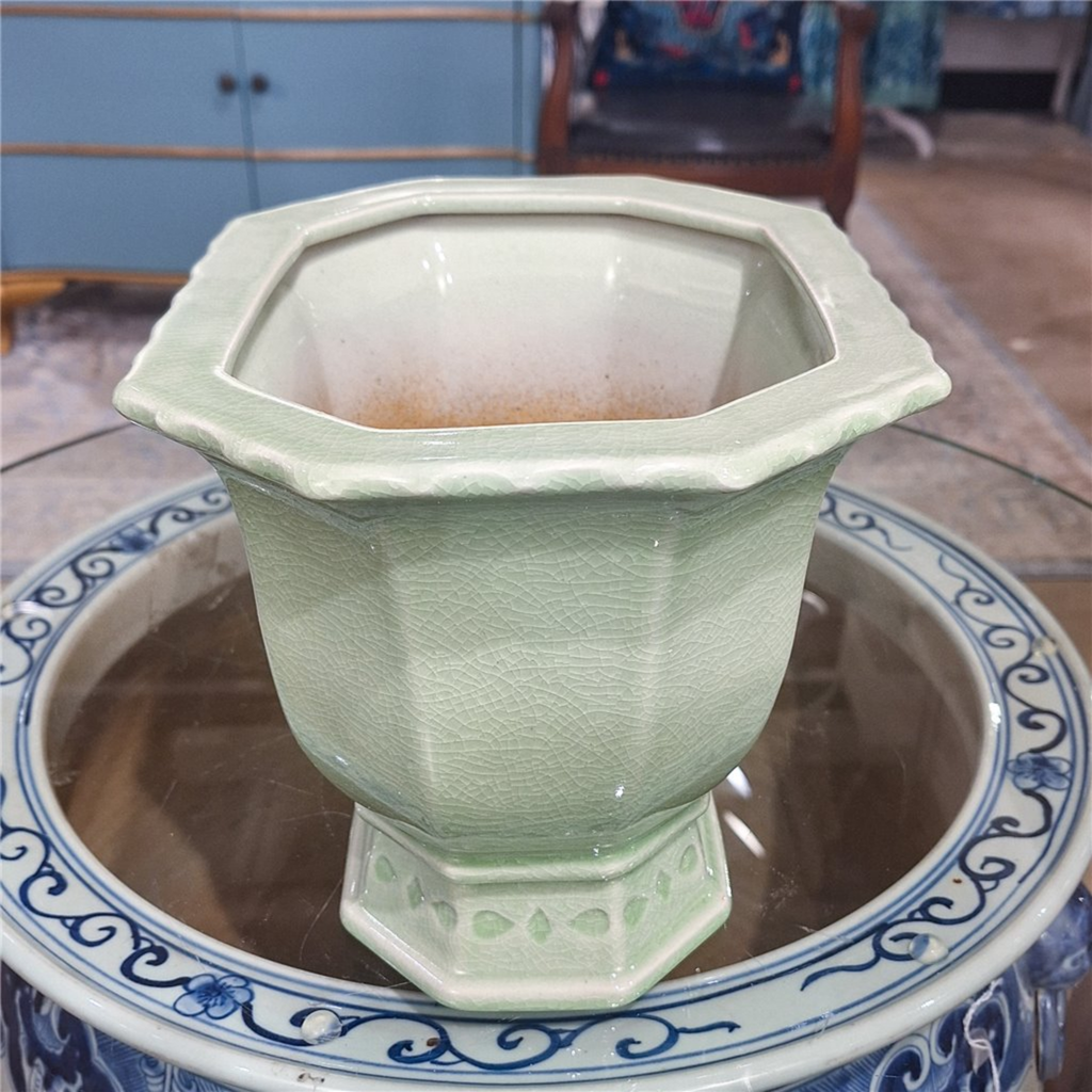 Small Light Green Porcelain Octagonal Footed Planter - The Well Appointed House