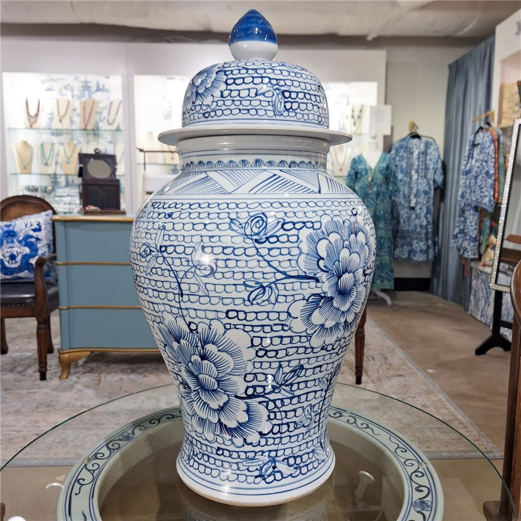 Porcelain Lidded Blue And White Flower Jar - The Well Appointed House