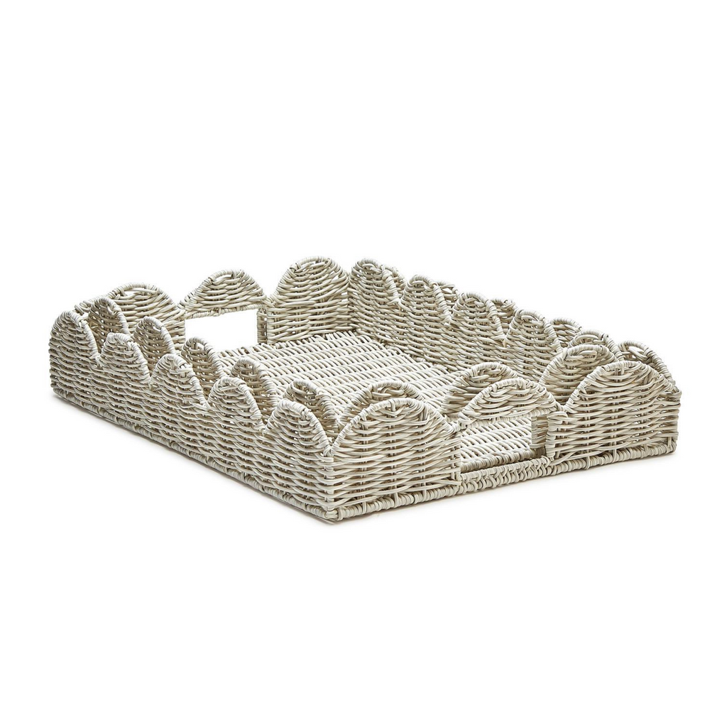 Set of Two Scalloped Edge All Weather Wicker Rectangle Serving Trays - The Well Appointed House