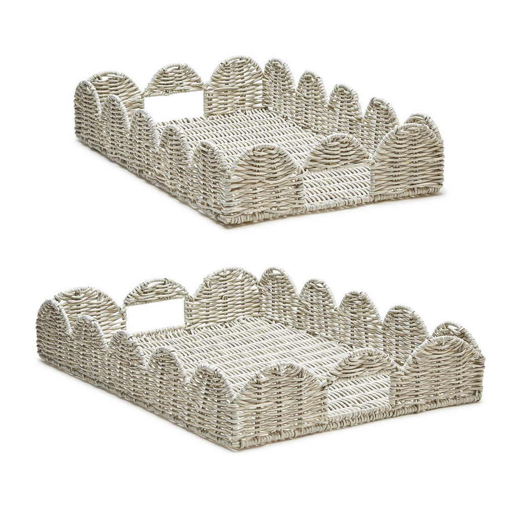 Set of Two Scalloped Edge All Weather Wicker Rectangle Serving Trays - The Well Appointed House