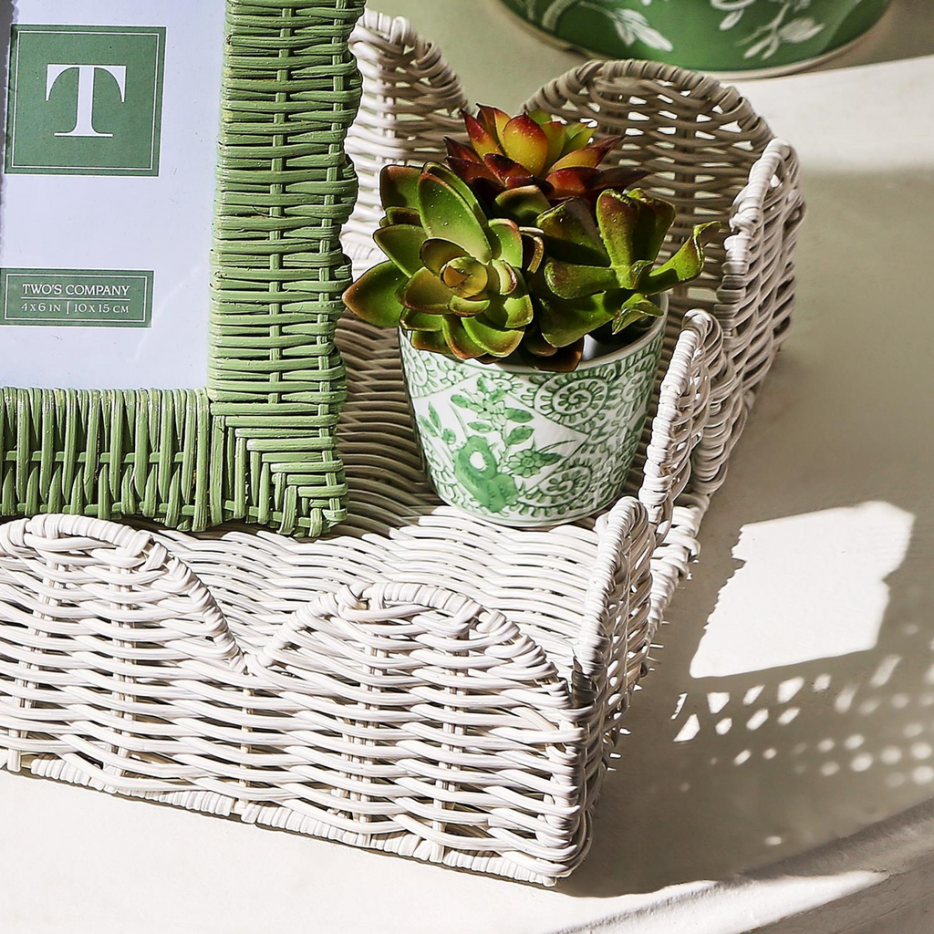 Set of Two Scalloped Edge All Weather Wicker Rectangle Serving Trays - The Well Appointed House