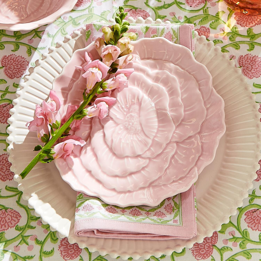 Set of Four Pink Floral Block Print Cotton Napkins - The Well Appointed House