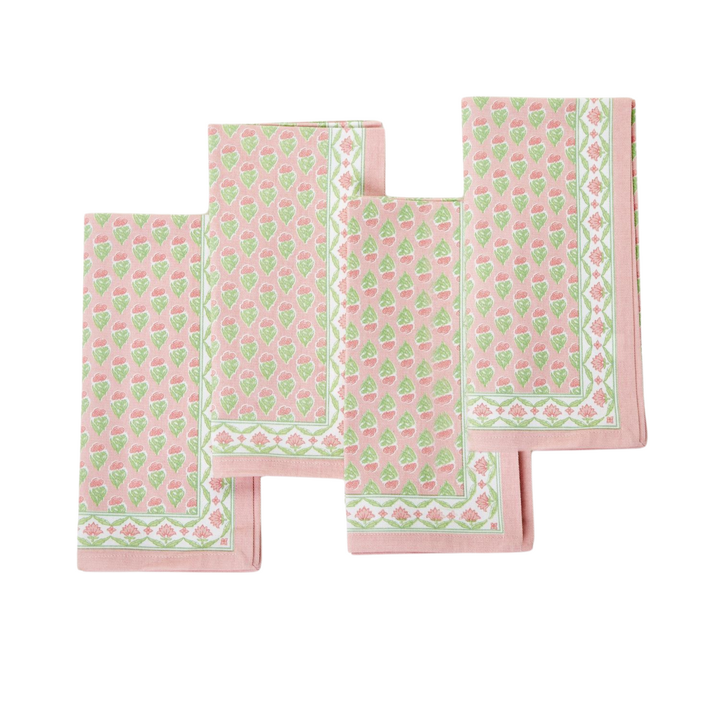 Set of Four Pink Floral Block Print Cotton Napkins - The Well Appointed House