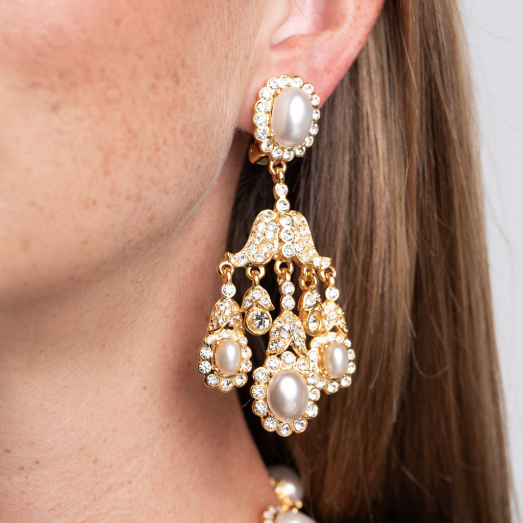 Gold Chandelier and White Pearl Clip Earrings - The Well Appointed House