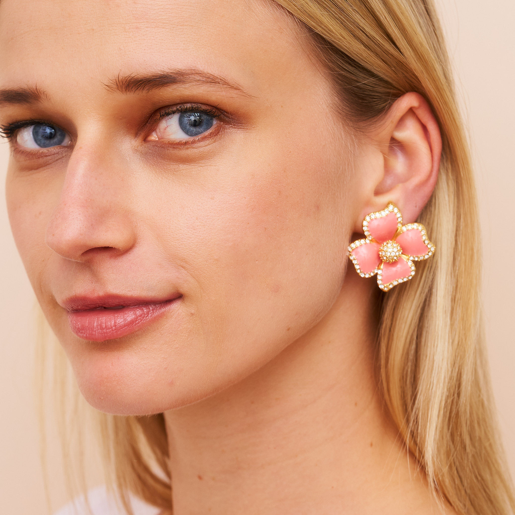 Pink Enamel Flower Clip Earrings - The Well Appointed House