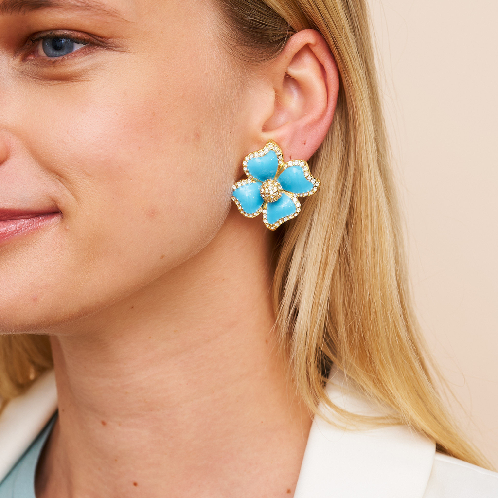 Turquoise Enamel Flower Clip Earrings - The Well Appointed House