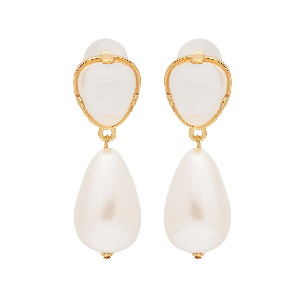 Clear & Pearl Drop Pierced Gold Earrings - The Well Appointed House