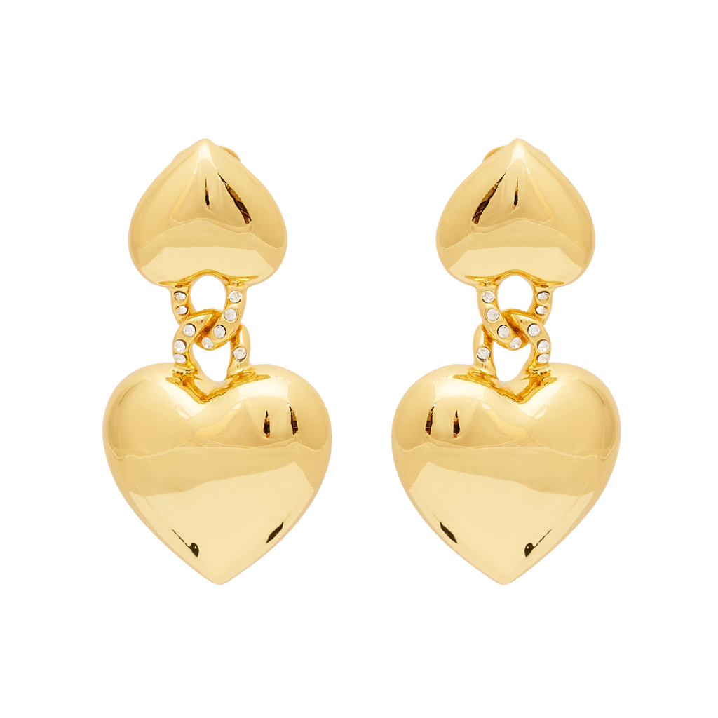 Gold & Rhinestone Heart Drop Clip Earrings - The Well Appointed House