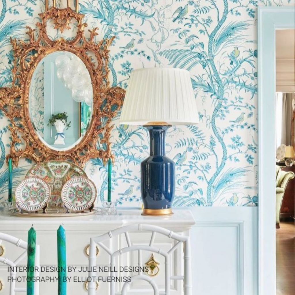 Brunschwig & Fils Aqua Blue Bird and Thistle Print Wallpaper - The Well Appointed House