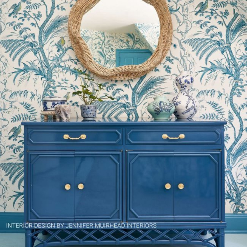 Brunschwig & Fils Aqua Blue Bird and Thistle Print Wallpaper - The Well Appointed House