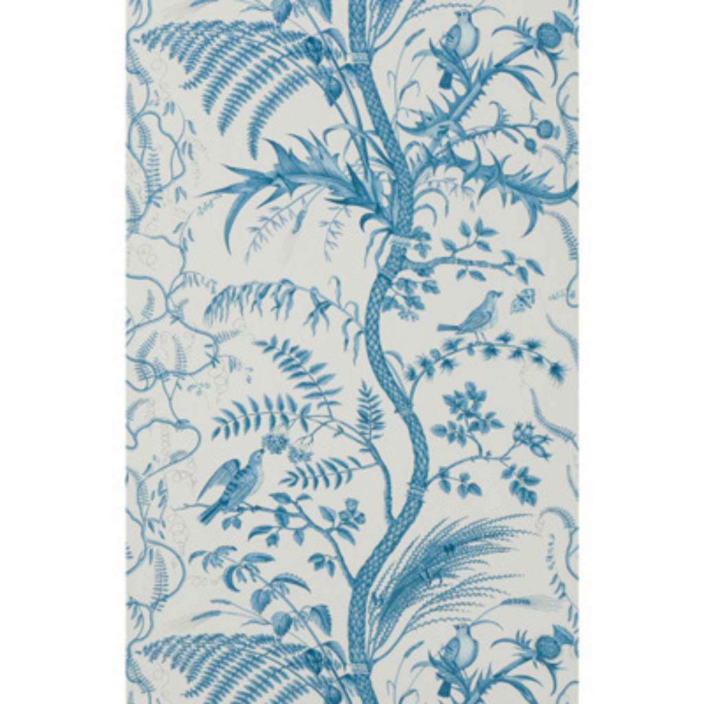 Brunschwig & Fils Aqua Blue Bird and Thistle Print Wallpaper - The Well Appointed House