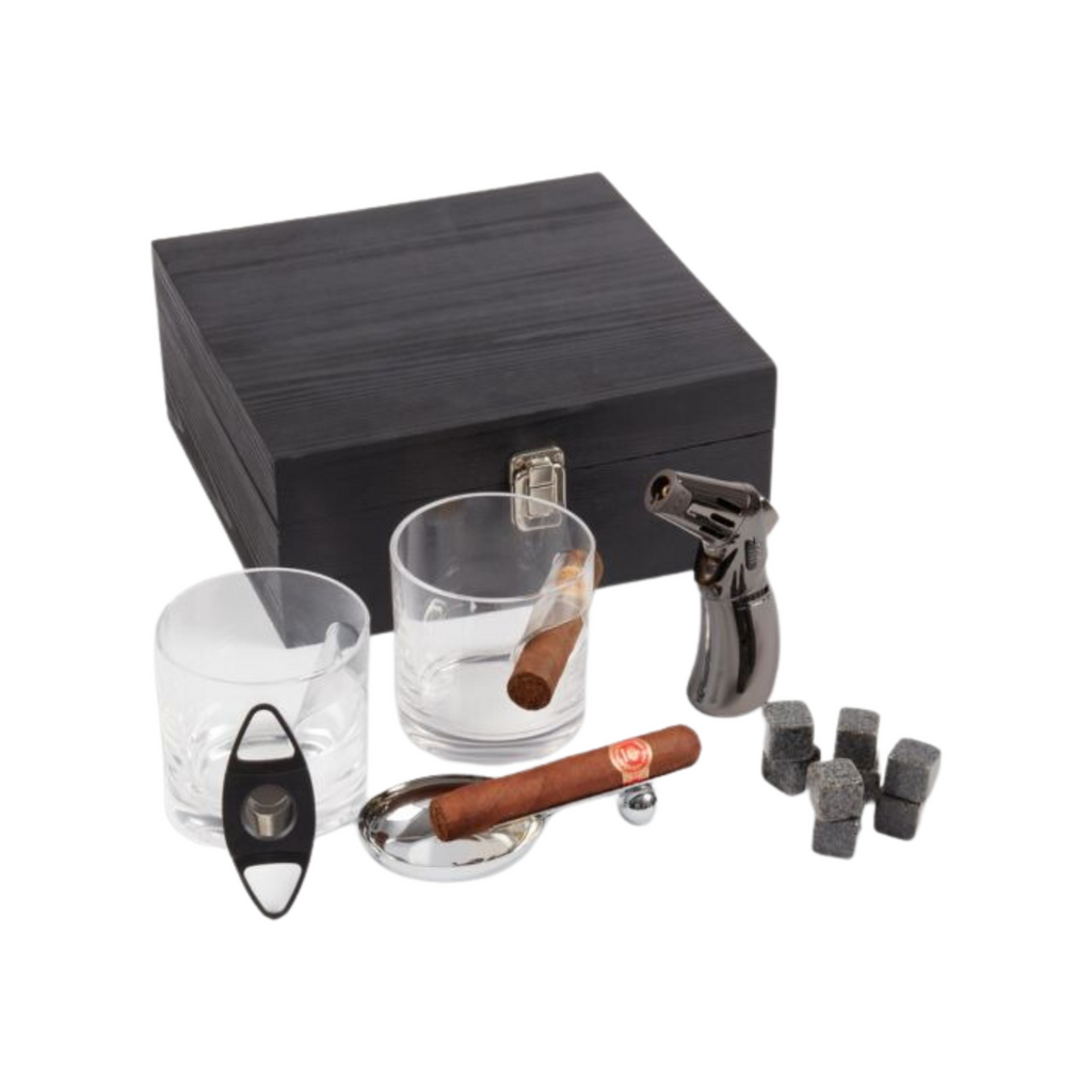 Boulevardier Set with Two Whiskey Glasses, 12 whiskey Stones, Cigar Torch, Ashtray and Cutter - The Well Appointed House