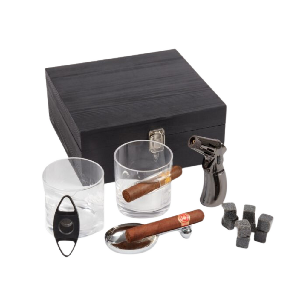 Boulevardier Set with Two Whiskey Glasses, 12 whiskey Stones, Cigar Torch, Ashtray and Cutter - The Well Appointed House