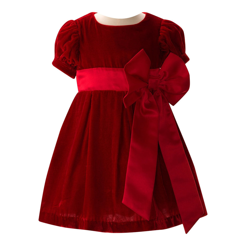 Baby GIrl Crushed Velvet Bow Dress, Red - The Well Appointed House