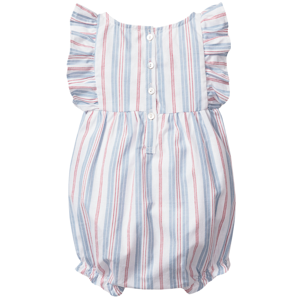 Baby's Twill Ruffled Romper in Vintage French Stripes - The Well Appointed House