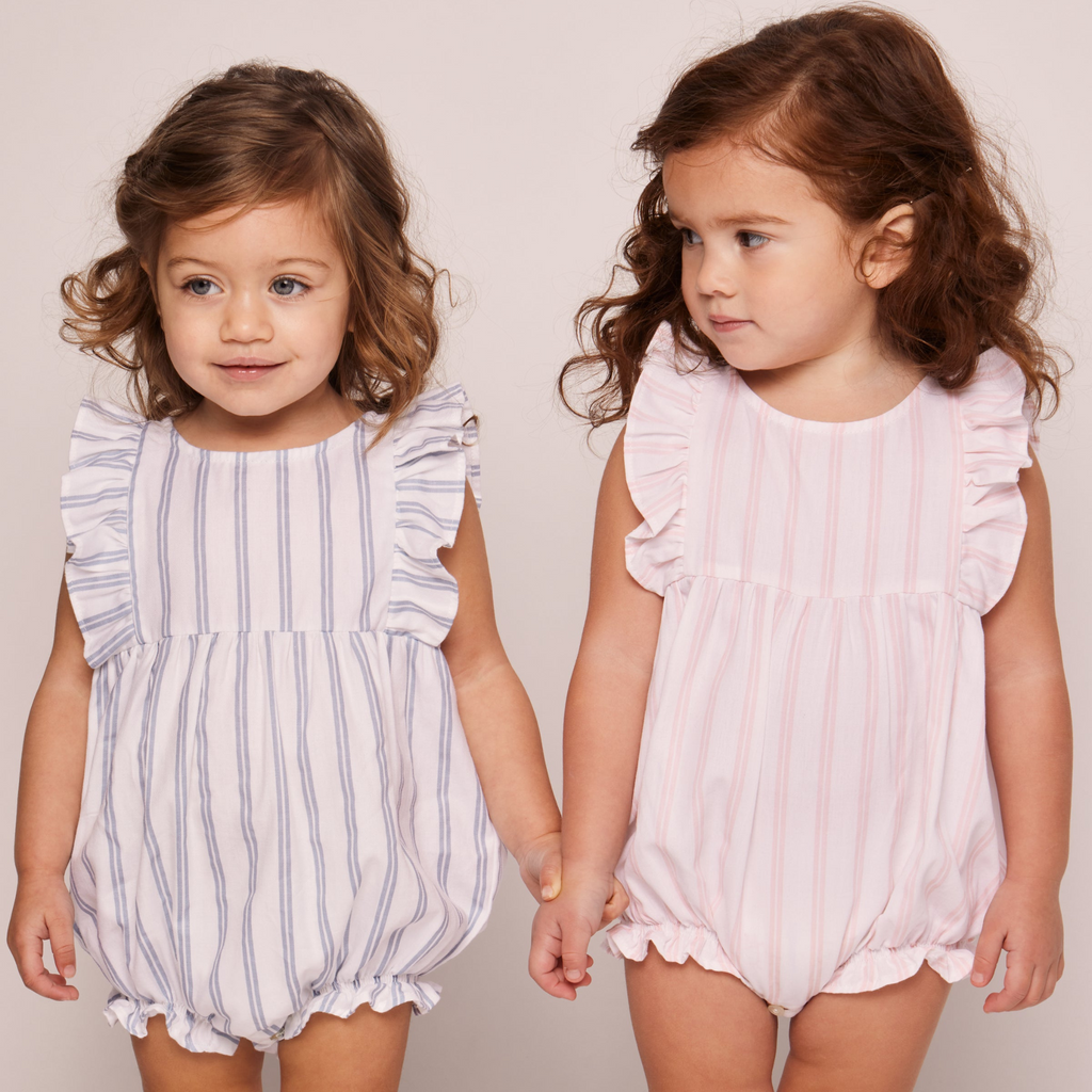 Baby's Twill Stripe Ruffled Romper in Pink and White Stripe - The Well Appointed House