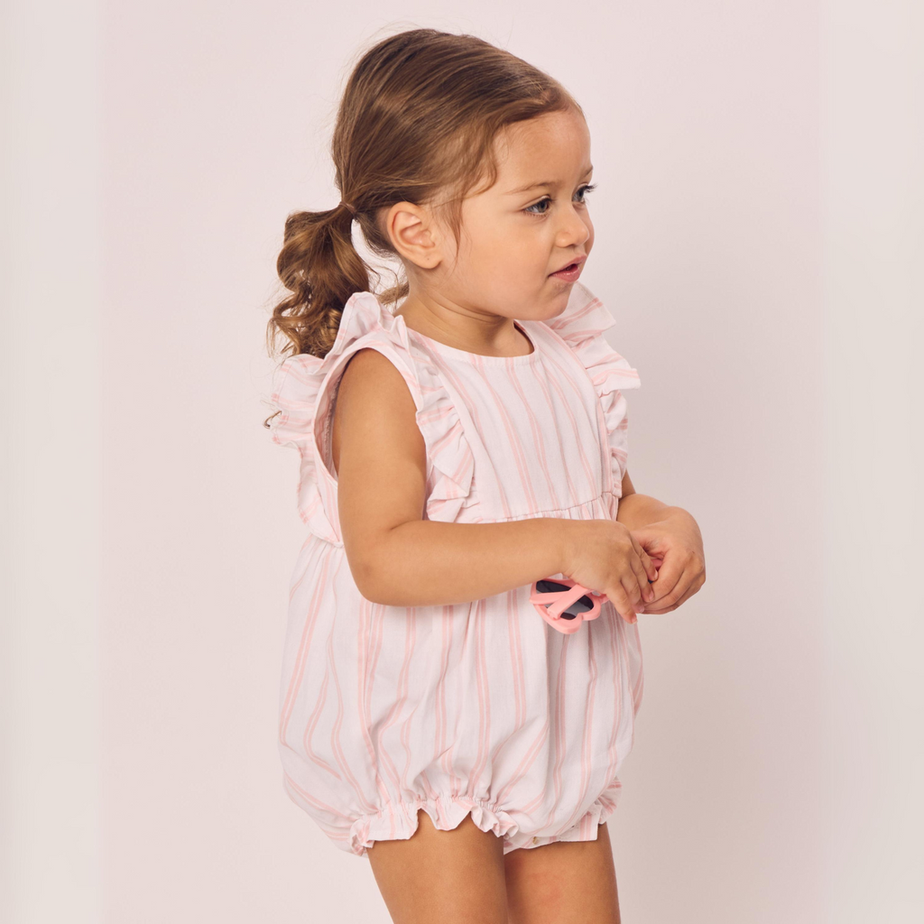 Baby's Twill Stripe Ruffled Romper in Pink and White Stripe - The Well Appointed House