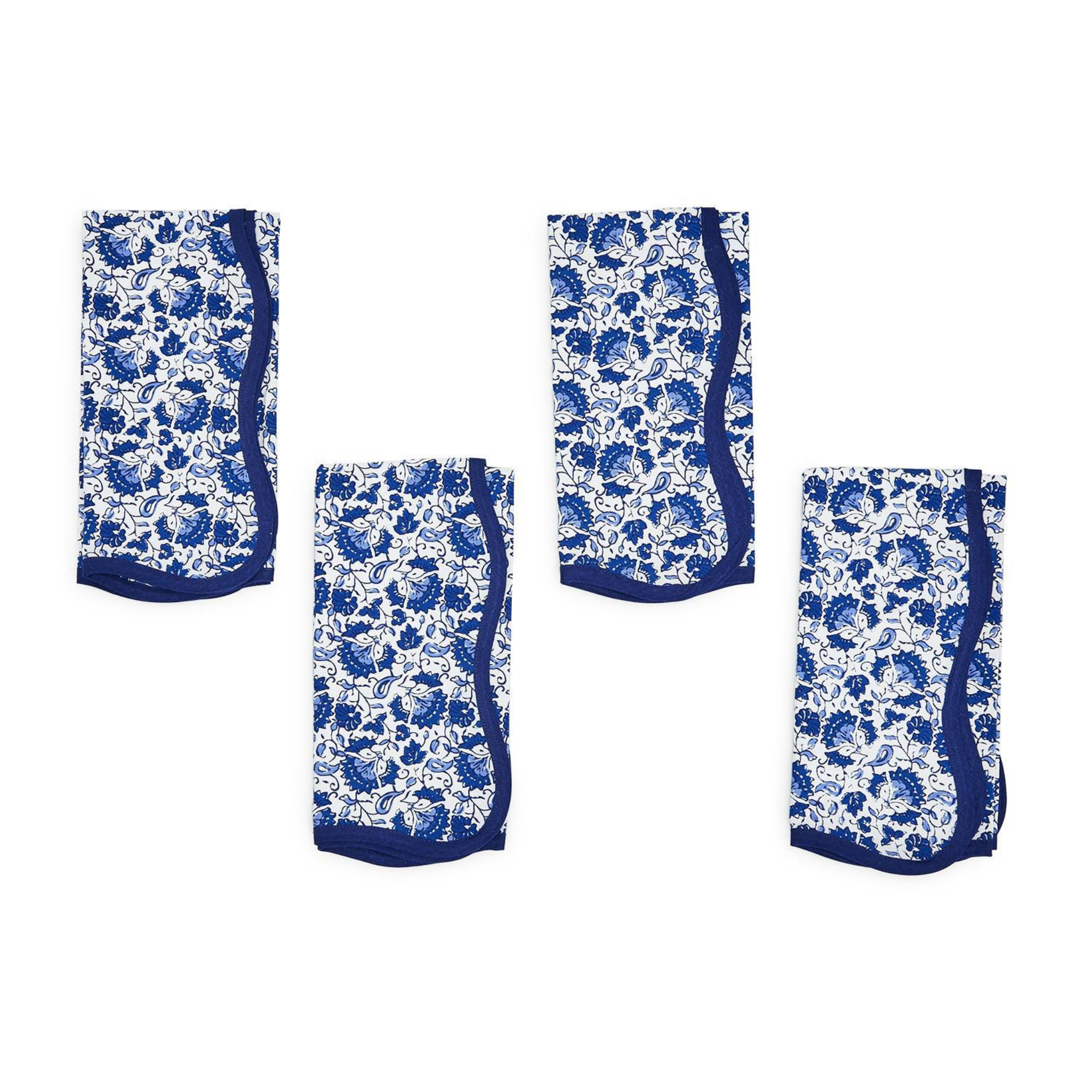 Blue Floral Scalloped Edge Trim Napkin - Set of 4