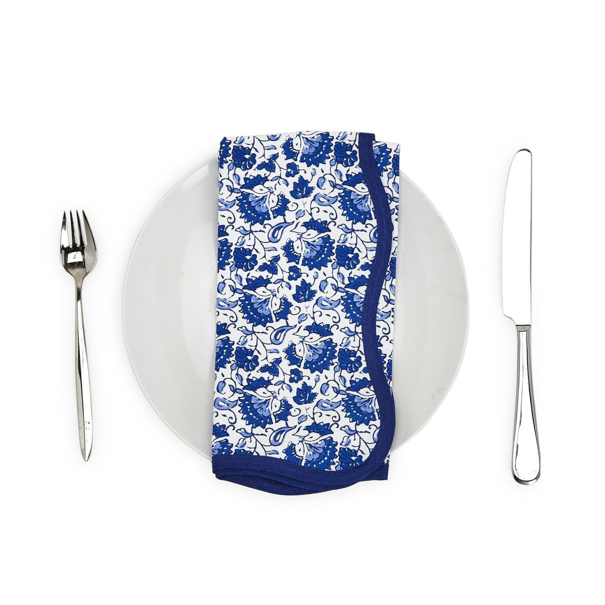 Blue Floral Scalloped Edge Trim Napkin - Set of 4