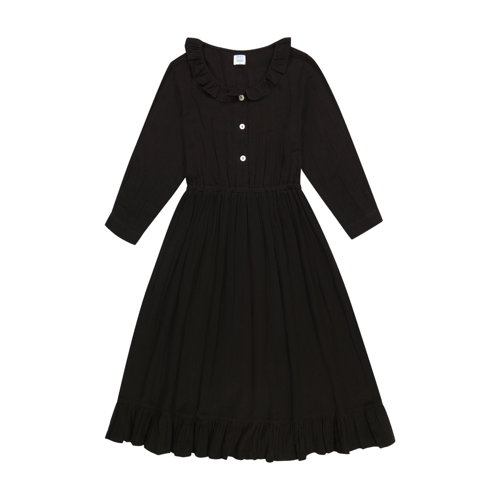 Brigitte Women's Ruffle Neck Shirtdress in Black Cotton Gauze - The Well Appointed House