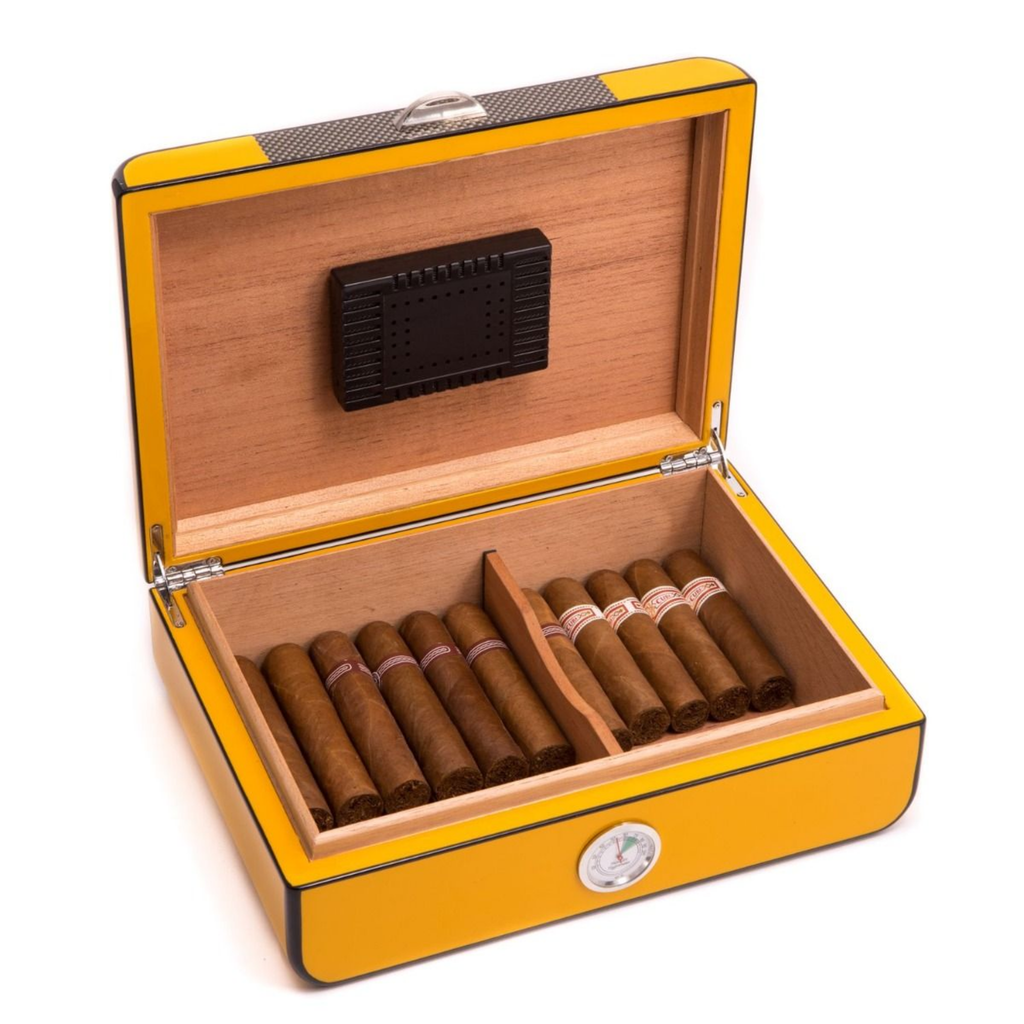 Carbon Fiber & Yellow Lacquered Wood 25 Cigar Humidor - The Well Appointed House